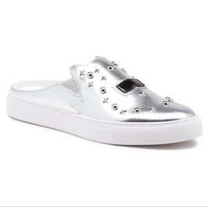Karl Lagerfeld Silver Metallic Studded Mule Sneakers with White Sole